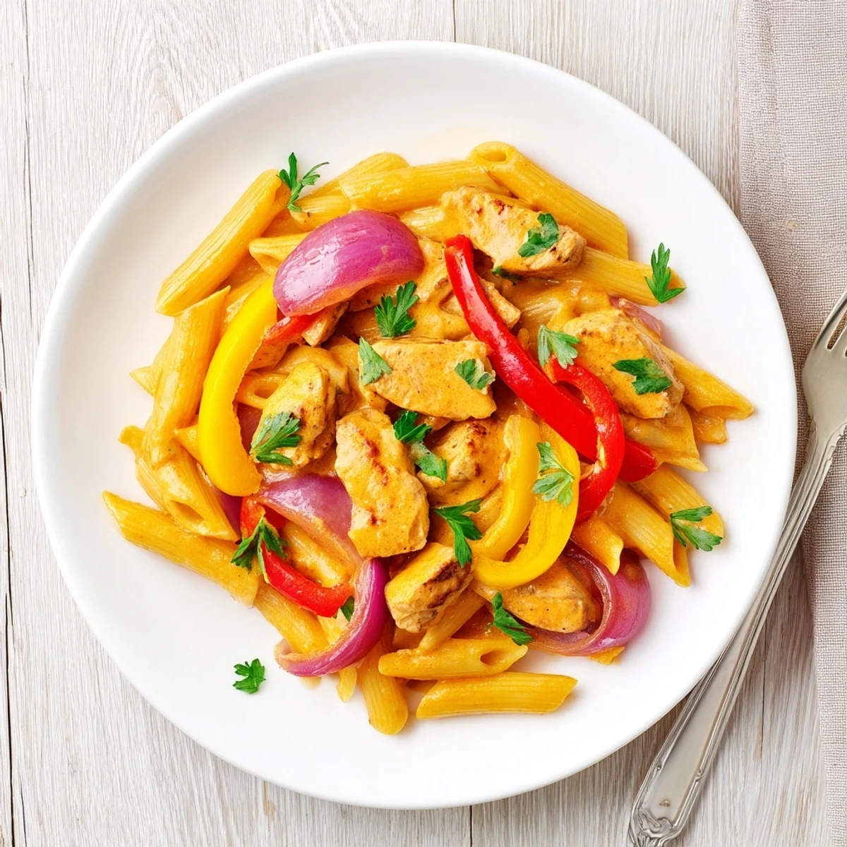 Golden brown spiced chicken strips tossed with al dente penne pasta in a velvety white cream sauce dotted with vibrant red and yellow bell pepper slices.