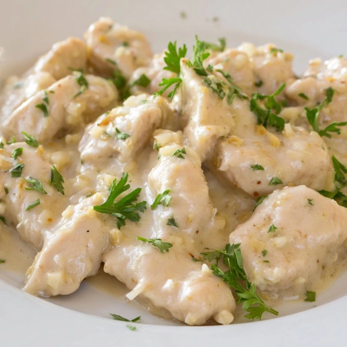 Tender Crockpot chicken pieces coated in thick, cheesy garlic cream sauce with chopped green parsley sprinkled generously
