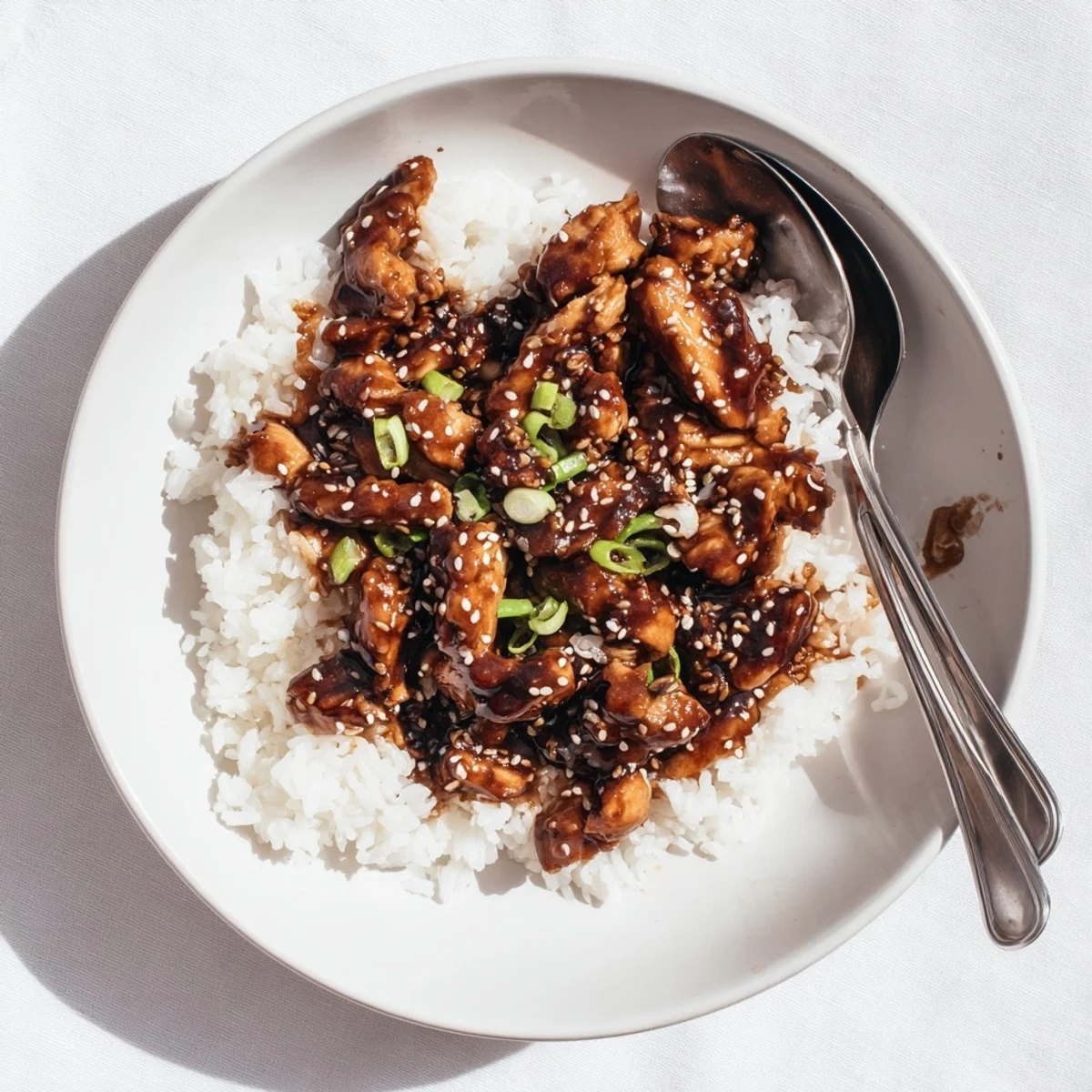 Tender Crockpot Teriyaki Chicken pieces glazed in glossy homemade sauce over fluffy steamed white rice