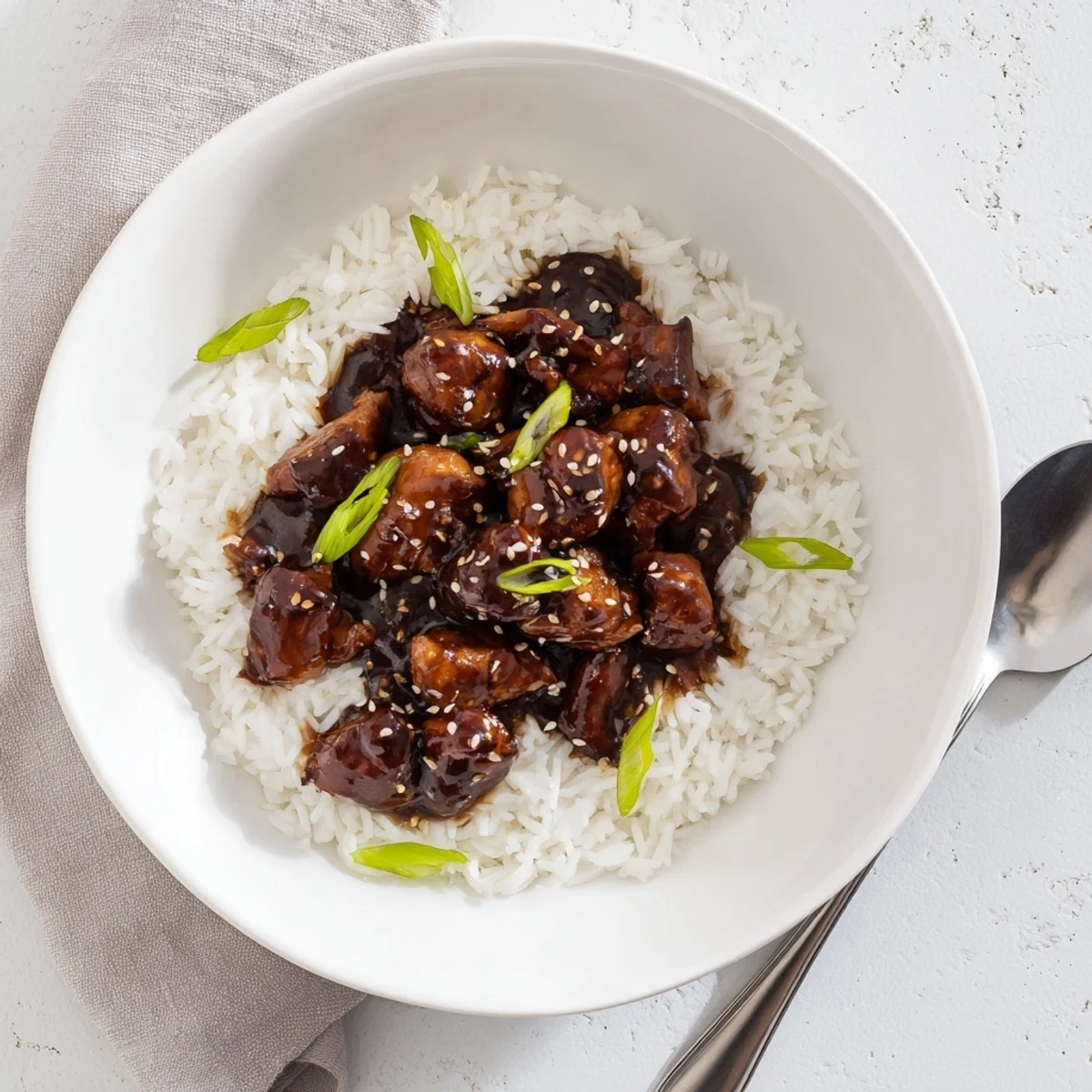 Shredded Crockpot Teriyaki Chicken coated in thick sticky teriyaki sauce served in a white bowl