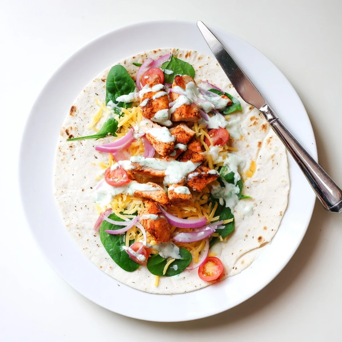 Grilled chicken and melted mozzarella wrapped in low carb tortilla drizzled with garlic yogurt sauce