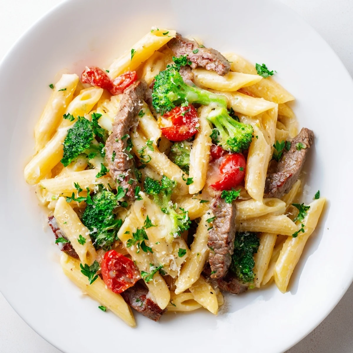 Golden penne pasta tossed with sliced steak, broccoli florets, and cherry tomatoes in rich creamy garlic sauce