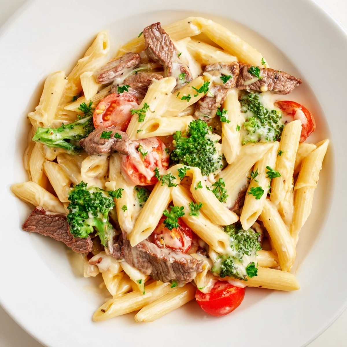 Steak penne pasta dish with fresh broccoli and cherry tomatoes coated in a white creamy garlic sauce