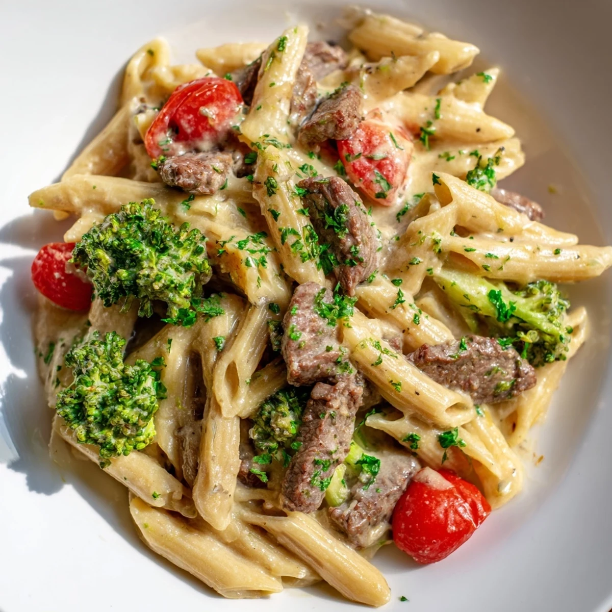 Close-up of creamy garlic steak penne featuring tender beef strips, bright green broccoli, and red tomatoes