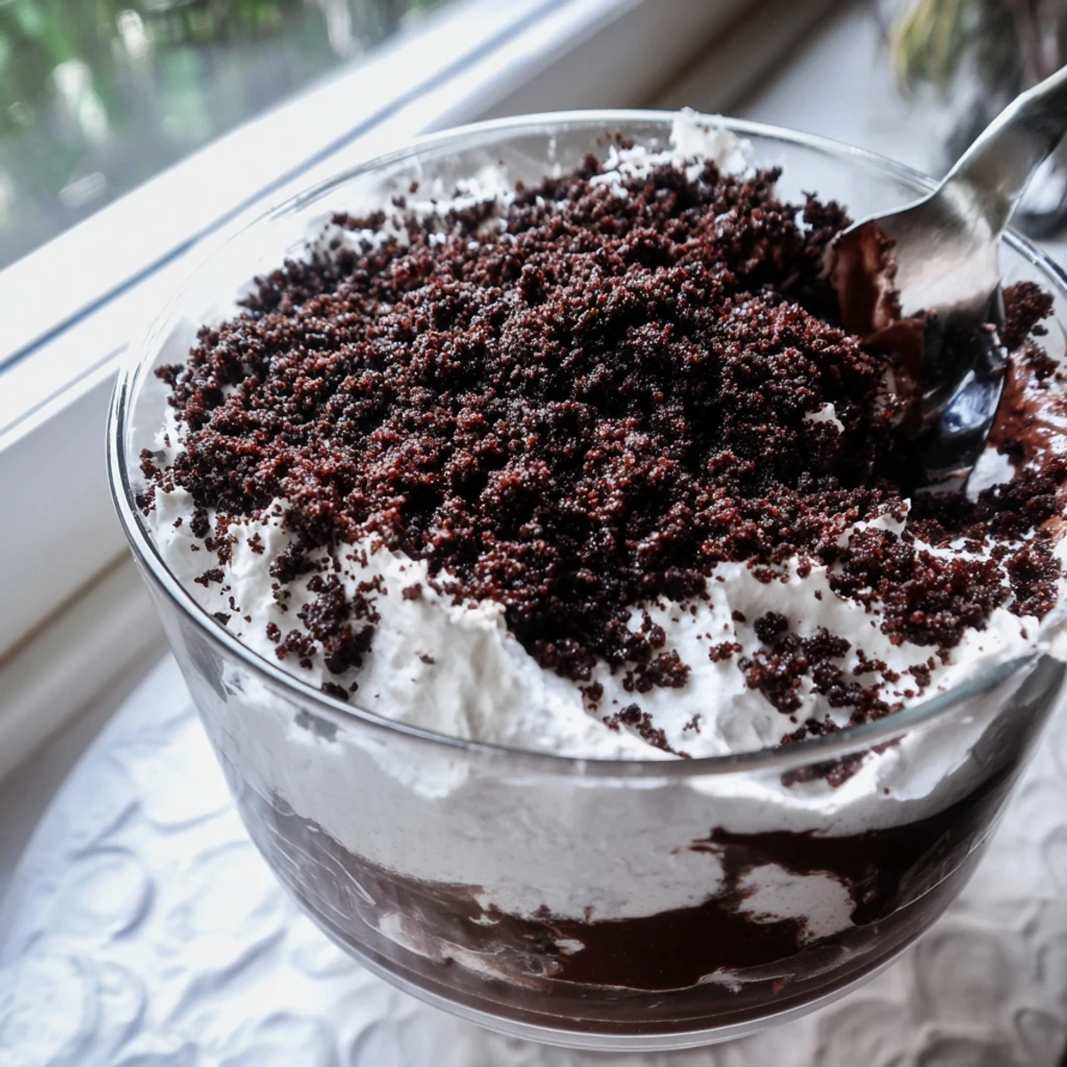 Spoon plunging into rich chocolate keto dirt cake revealing creamy pudding layers beneath almond flour soil