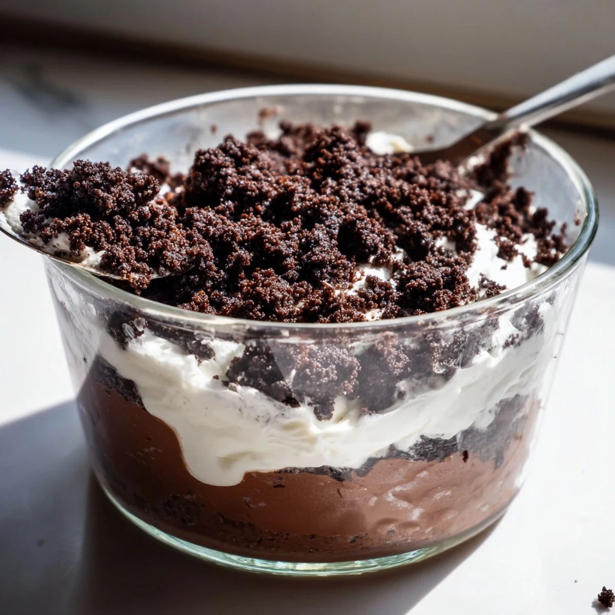 Glass dessert jar displaying layered keto dirt cake with chocolate pudding, whipped cream, and dark crumbly topping