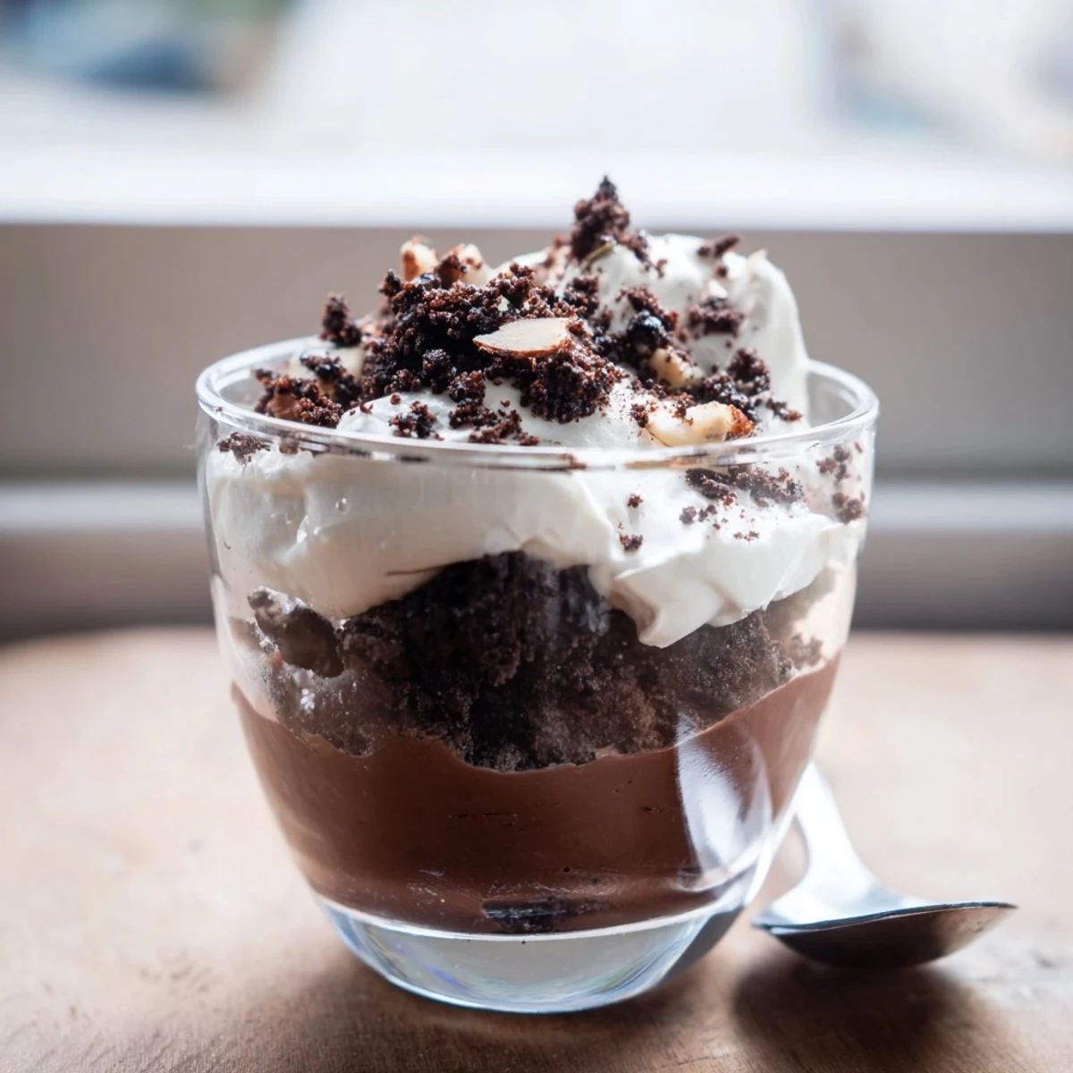 Square serving dish of keto dirt cake topped with chocolate almond crumble ready for low-carb dessert indulgence