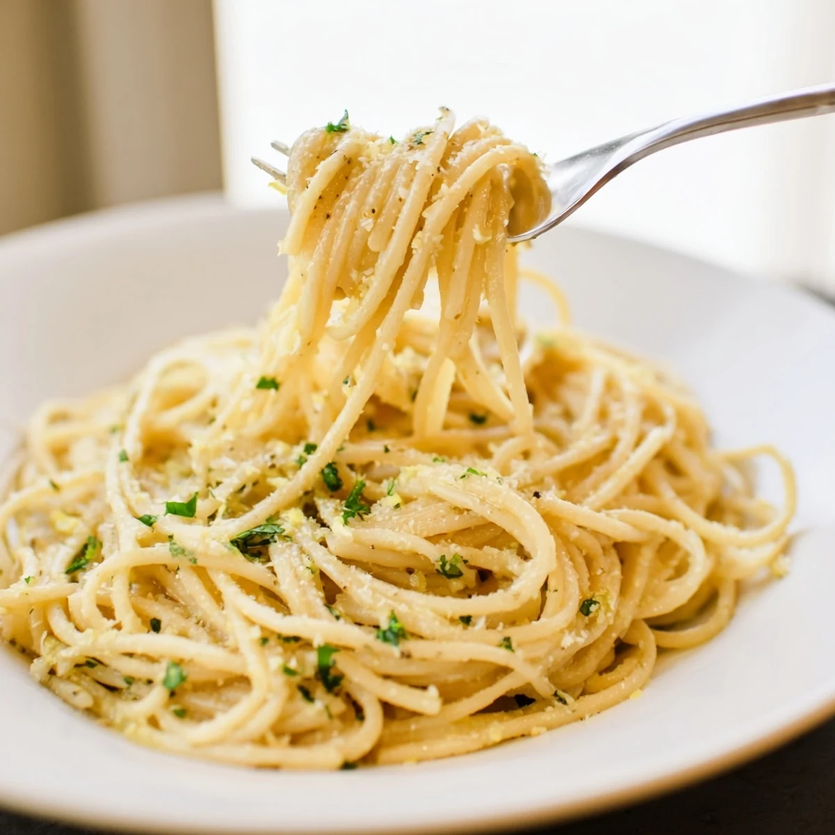 Creamy one pot garlic butter pasta tossed with parmesan and fresh parsley garnish