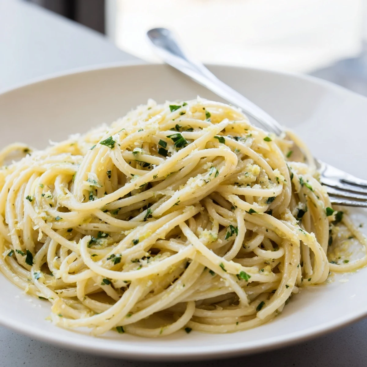 Close-up of al dente pasta coated in silky garlic butter sauce with lemon zest