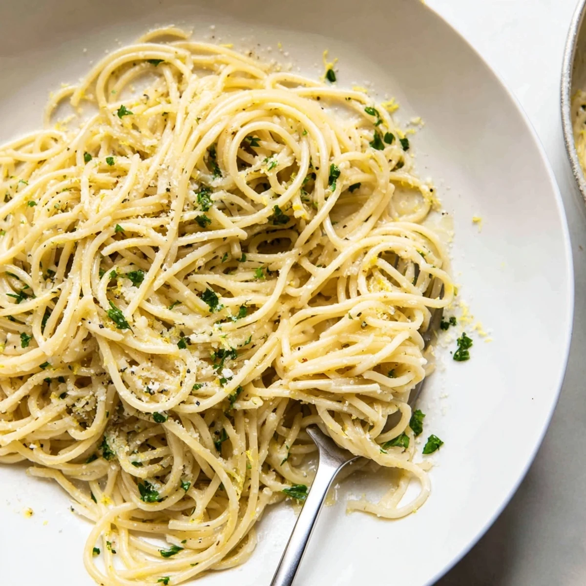 Steaming bowl of garlic butter pasta cooking in a single pot with golden broth