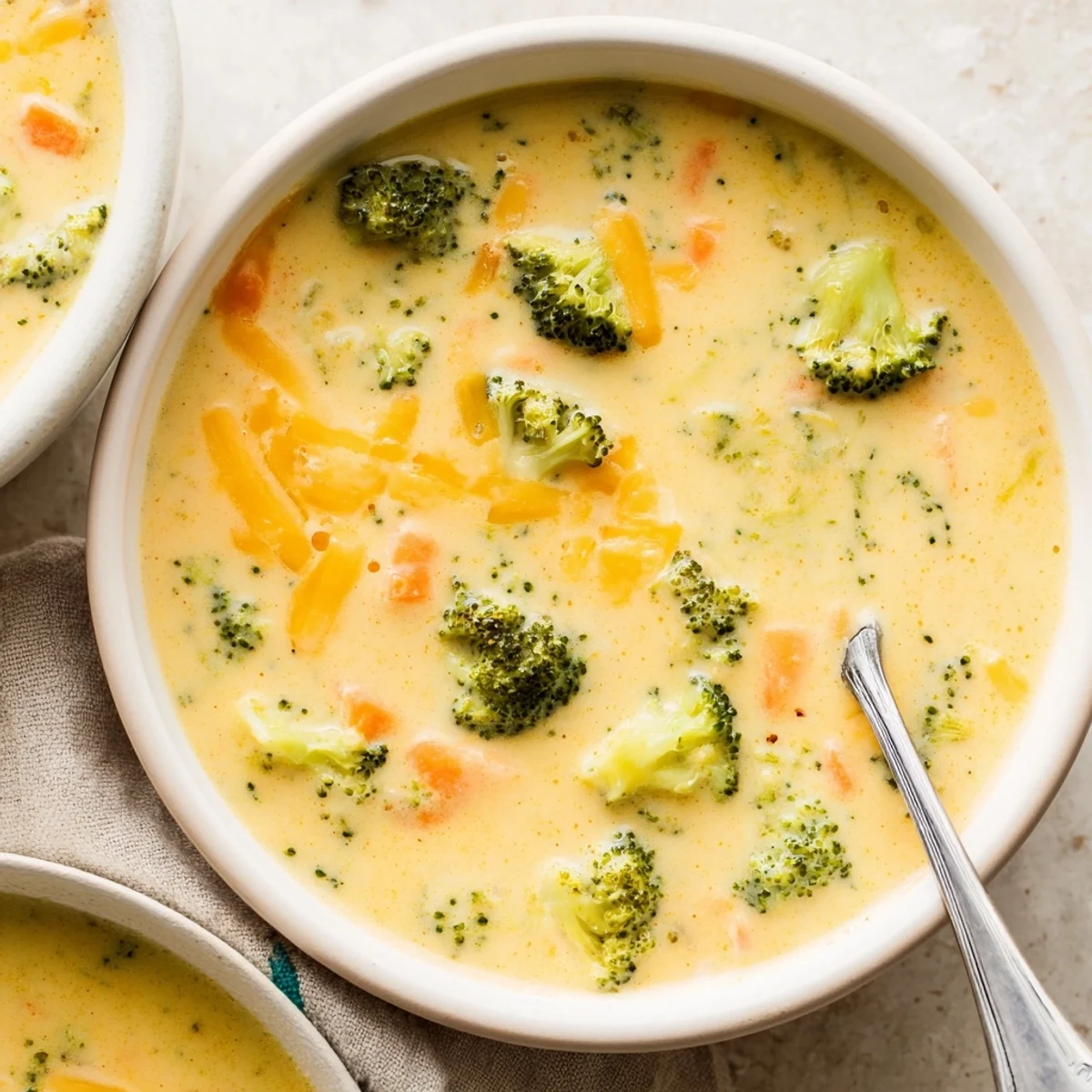 Creamy Instant Pot broccoli cheddar soup garnished with extra shredded cheese in a white bowl