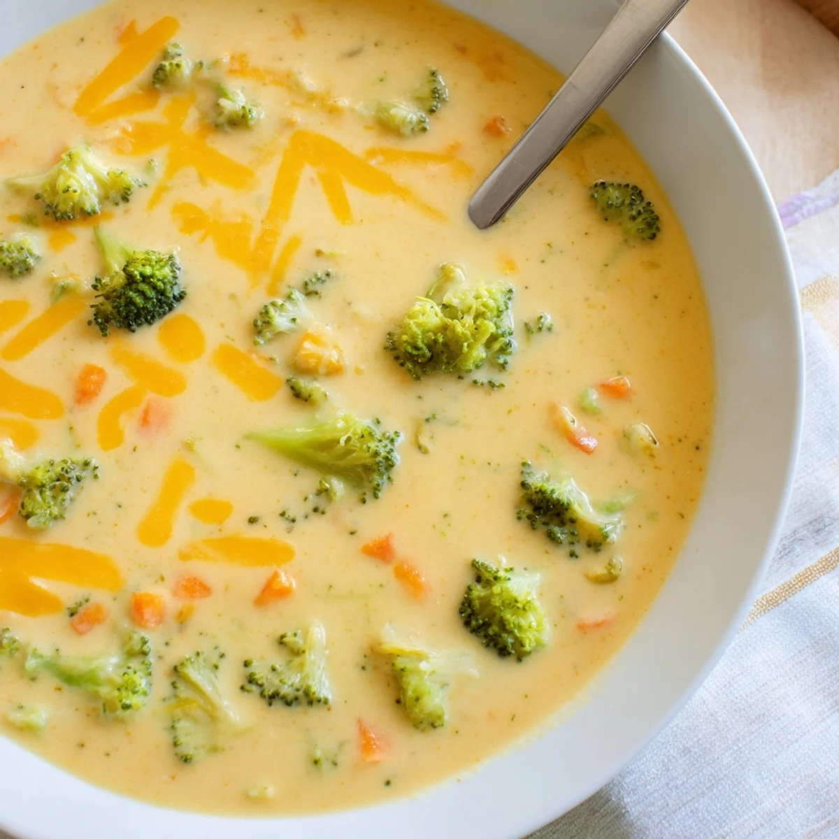 Steaming bowl of rich broccoli cheddar soup made in the Instant Pot with fresh broccoli florets
