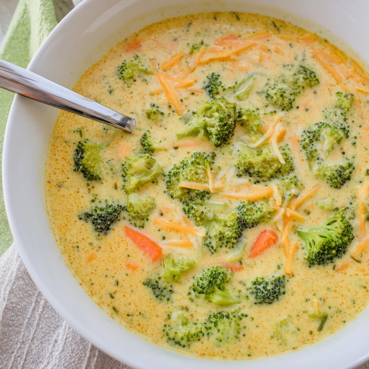 Velvety smooth broccoli cheddar soup cooked in pressure cooker topped with melted sharp cheddar cheese