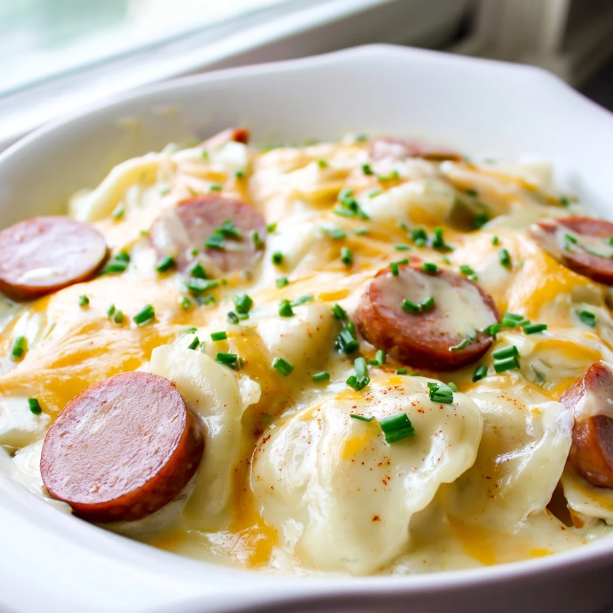 Golden brown pierogi casserole with melted cheddar and sliced kielbasa in a slow cooker