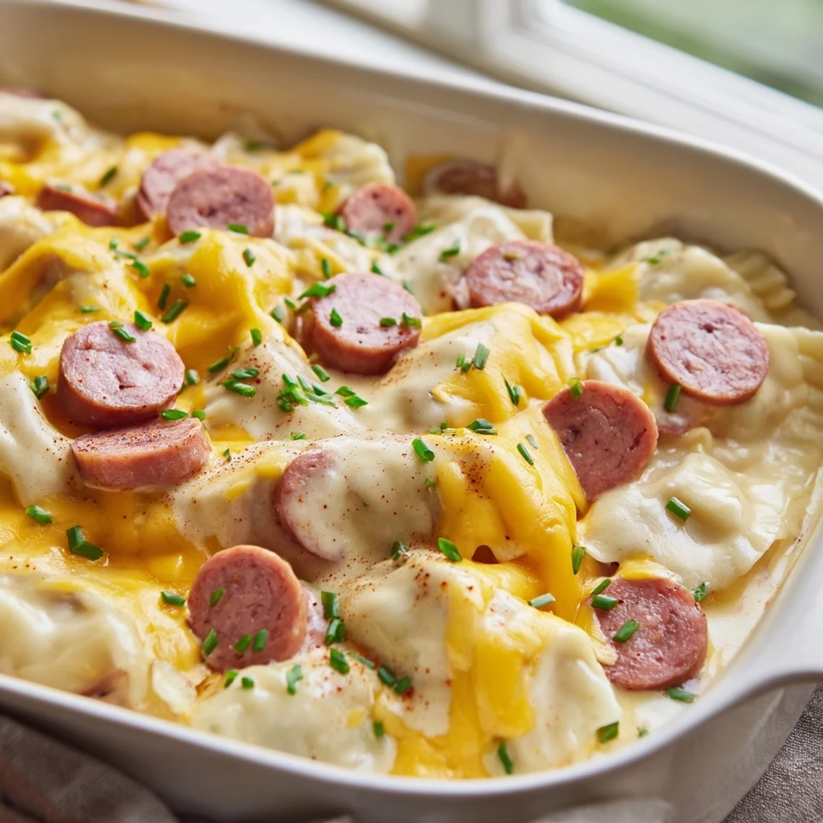 Creamy Crock Pot pierogi casserole featuring smoky kielbasa and bubbling cheese topping