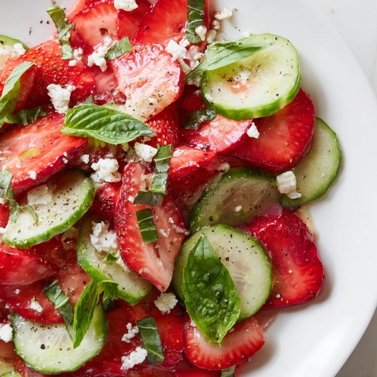 Fresh strawberry cucumber salad tossed with mint, basil, and tangy balsamic dressing in a white bowl