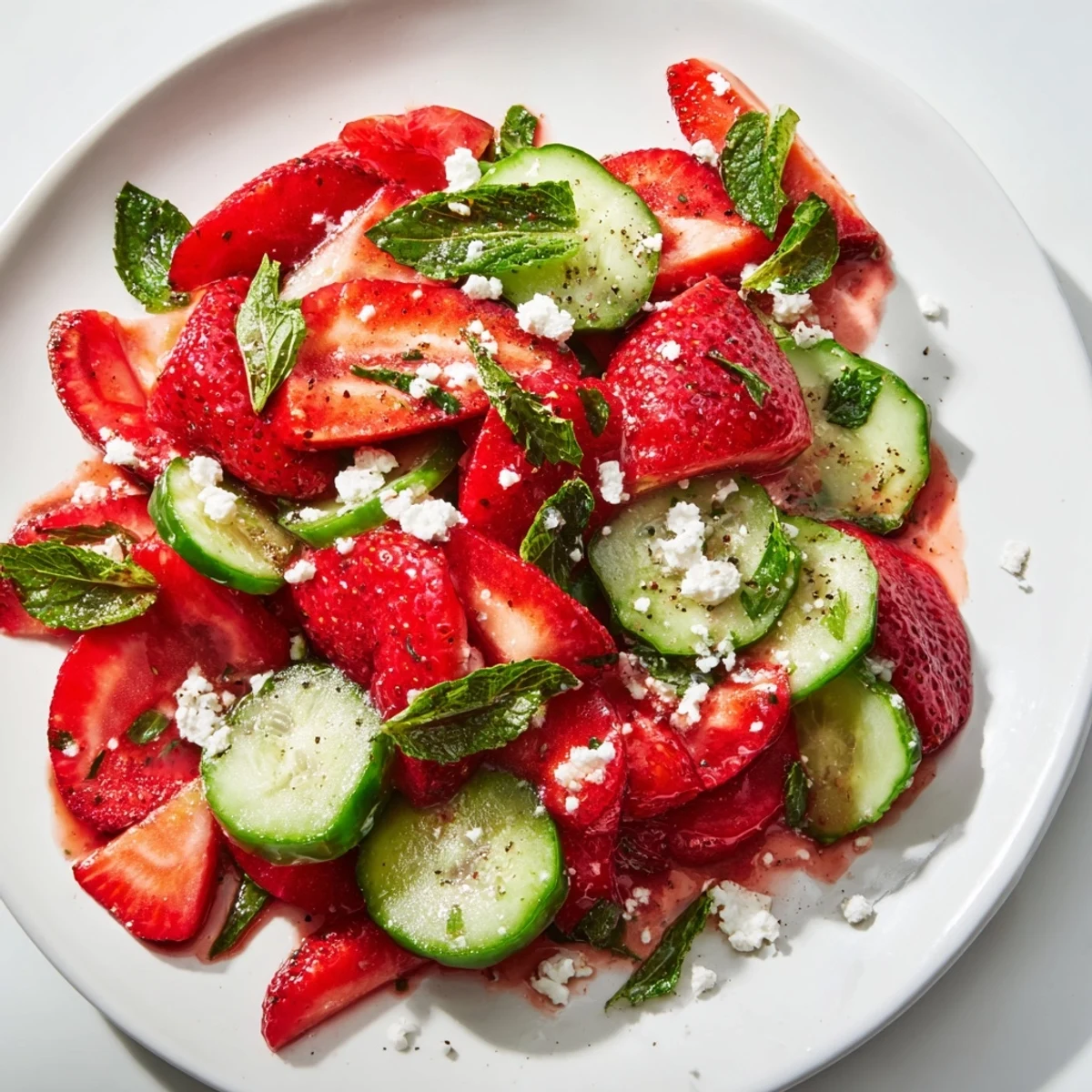Vibrant strawberry cucumber salad featuring juicy red berries, crisp green slices, and crumbled feta cheese garnish