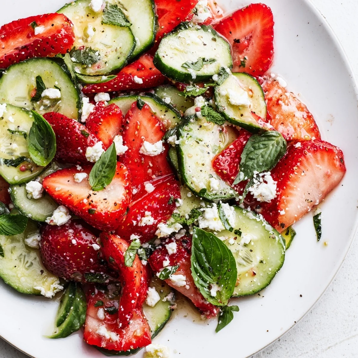 Light summer strawberry cucumber salad arranged on serving platter with fresh herbs and glistening dressing