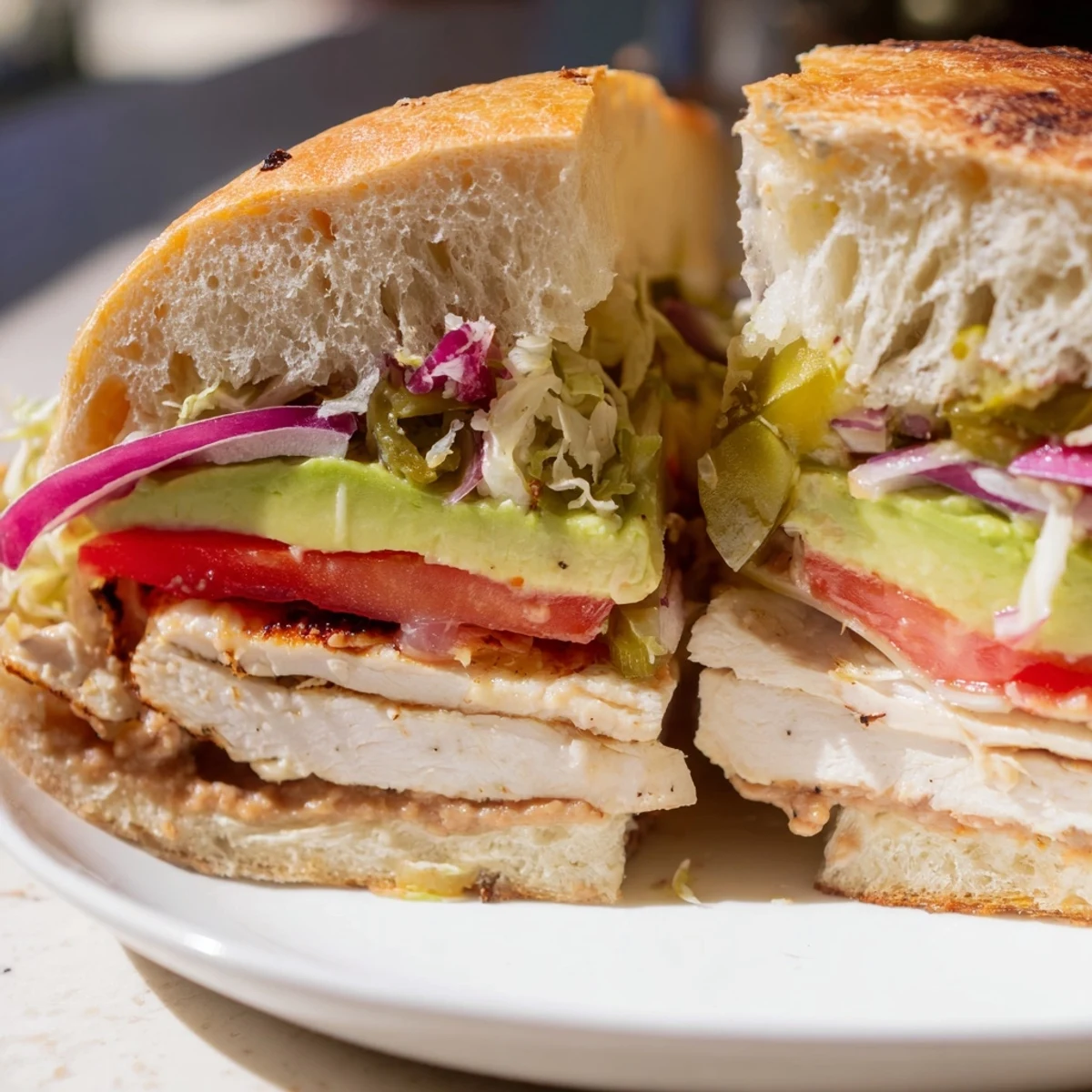 Golden chicken torta sandwich stacked with creamy avocado, crisp lettuce, and pickled jalapeños on a toasted bolillo roll