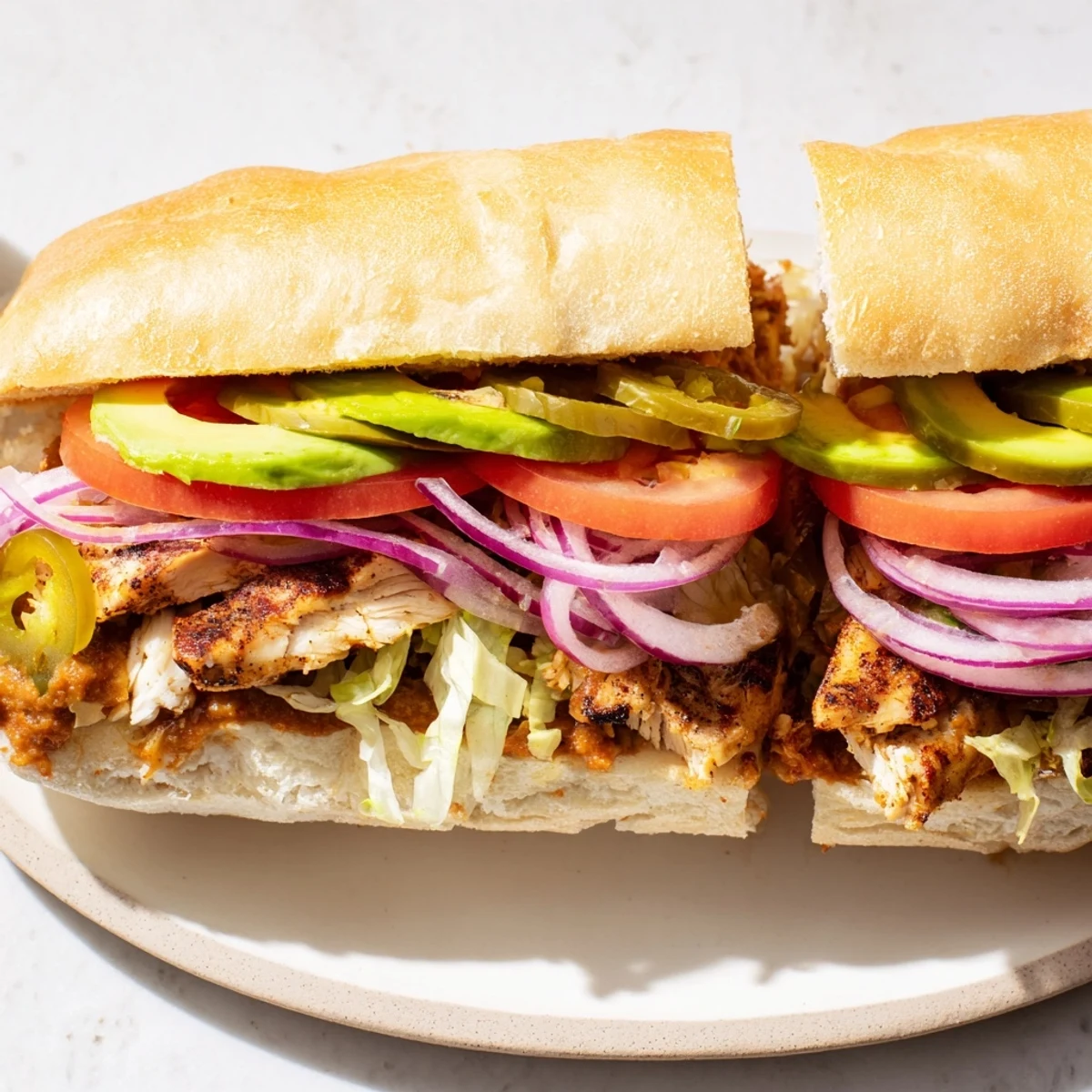 Cross-section of chicken torta sandwich revealing marinated poultry, ripe avocado layers, and colorful toppings on a fluffy roll