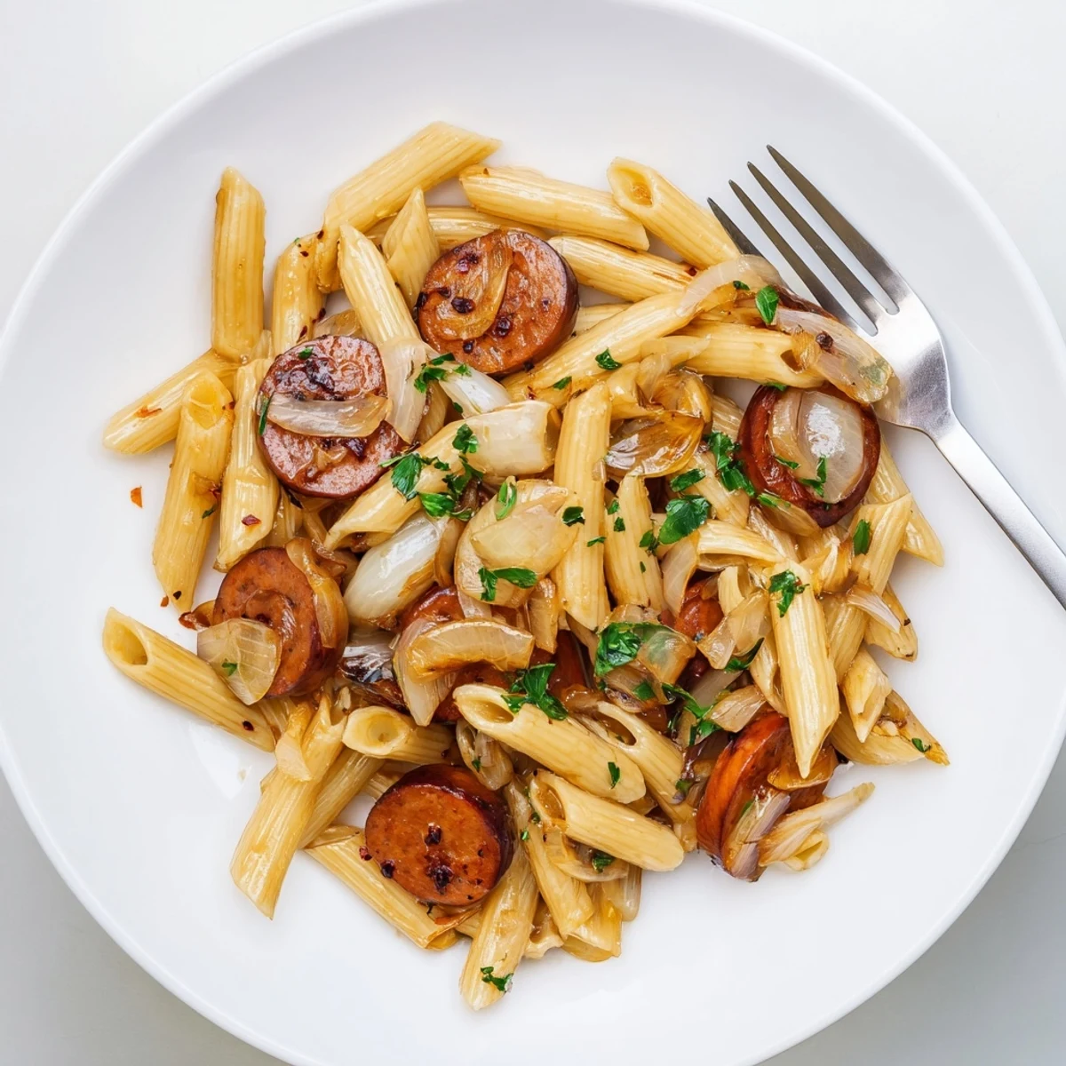 Rustic one-pan honey garlic sausage pasta featuring caramelized meat coils coated in sweet tangy glaze