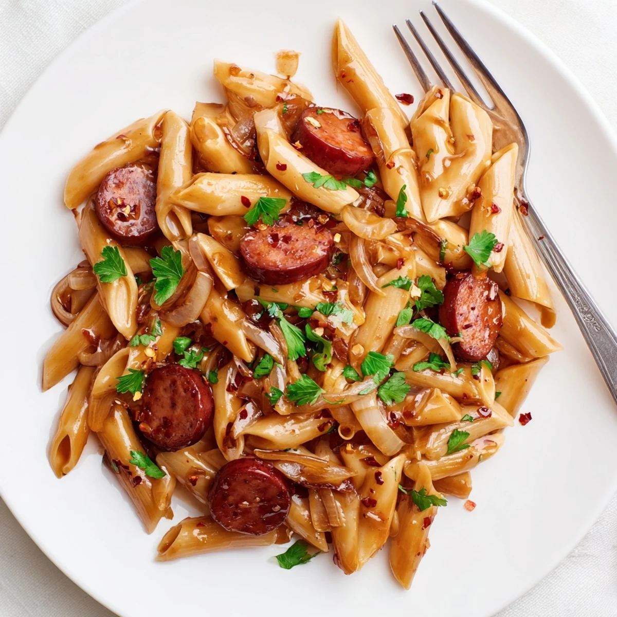 Golden sticky honey garlic sausage pasta skillet glistening with savory glazed sauce and tender penne