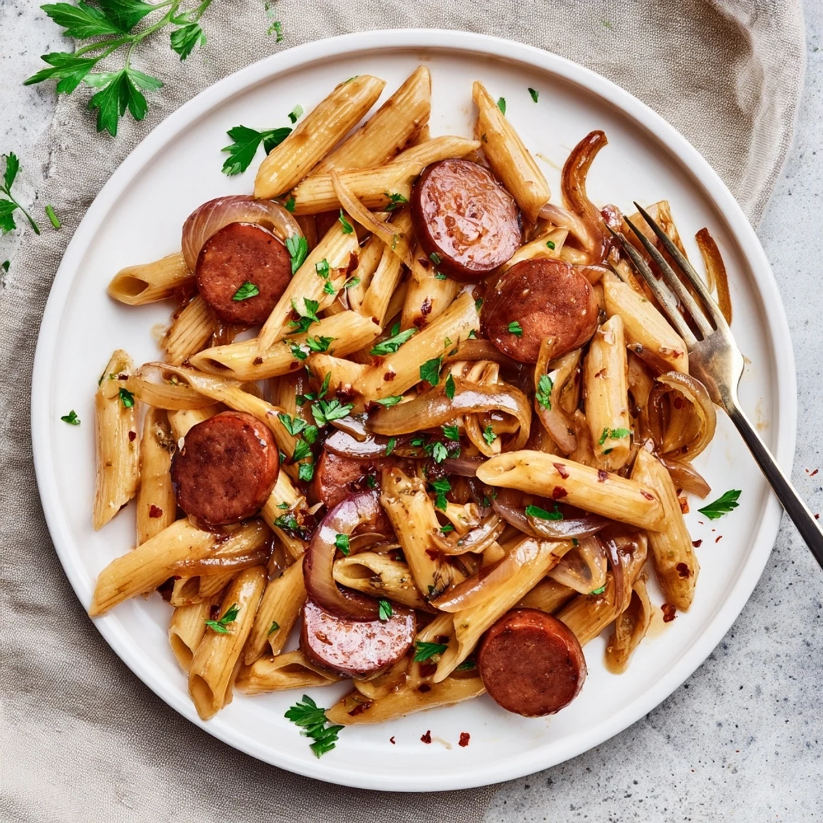 Hearty American sausage pasta tossed in rich honey garlic sauce with fresh parsley garnish