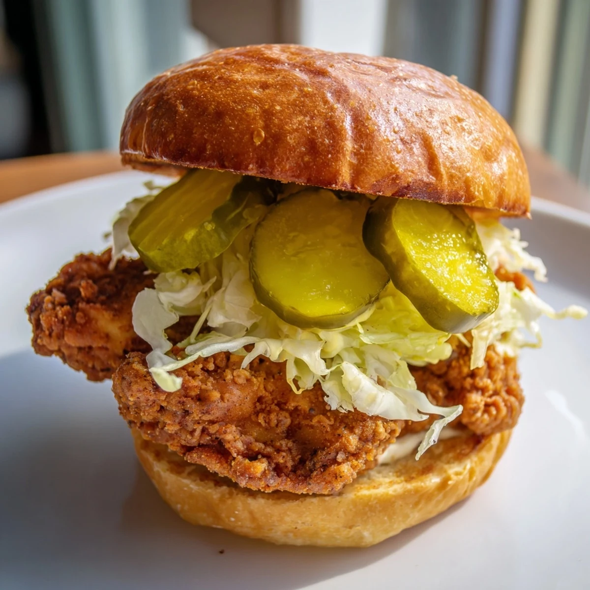 Golden brown pickle brined fried chicken sandwich stacked on a toasted brioche bun with crisp lettuce