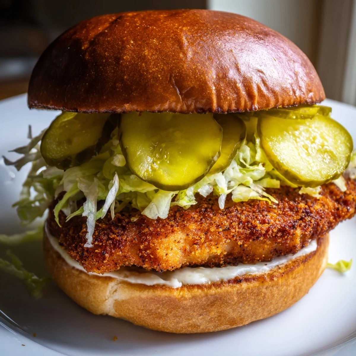 Homemade pickle brined fried chicken sandwich served on soft potato bun with fresh shredded lettuce and pickles
