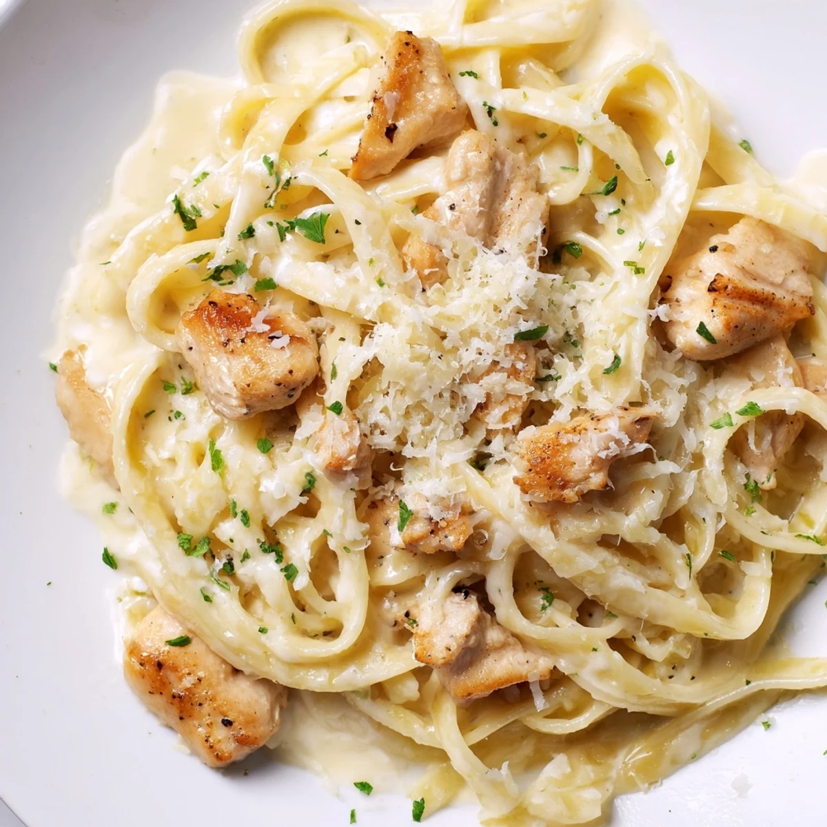 Creamy Instant Pot chicken alfredo with tender pasta pieces in rich parmesan garlic sauce.