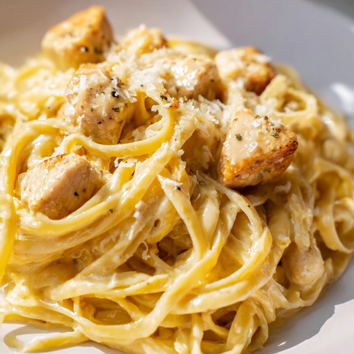 Golden chicken pieces and fettuccine coated in thick white parmesan cream sauce in a serving bowl.
