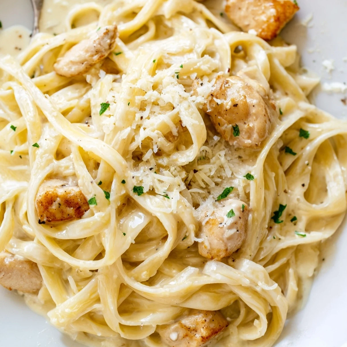 Steaming Instant Pot chicken alfredo pasta topped with fresh parsley and extra grated parmesan cheese.