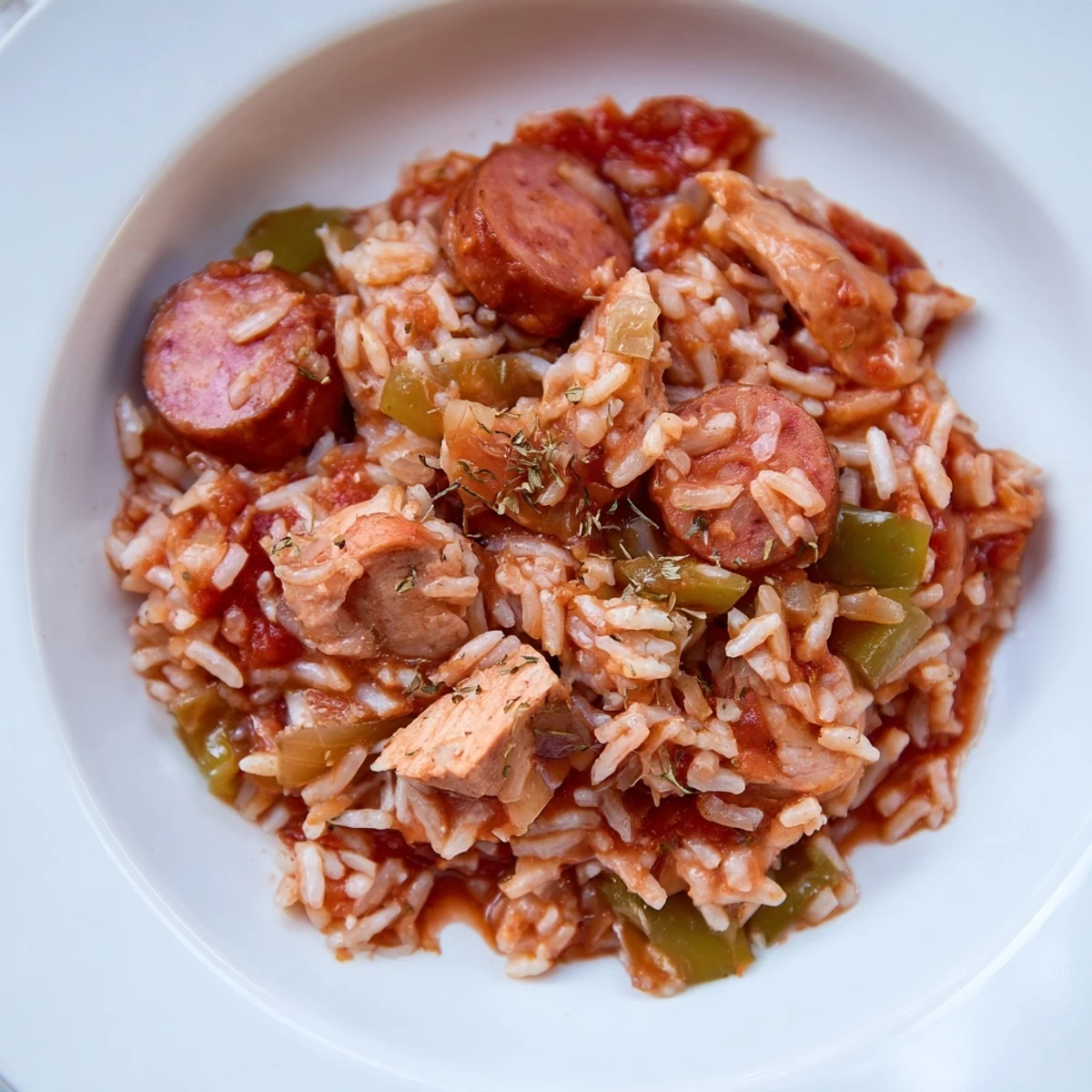 Slow cooker Crock Pot Jambalaya with tender chicken, andouille sausage, and pink shrimp in rich spiced tomato sauce