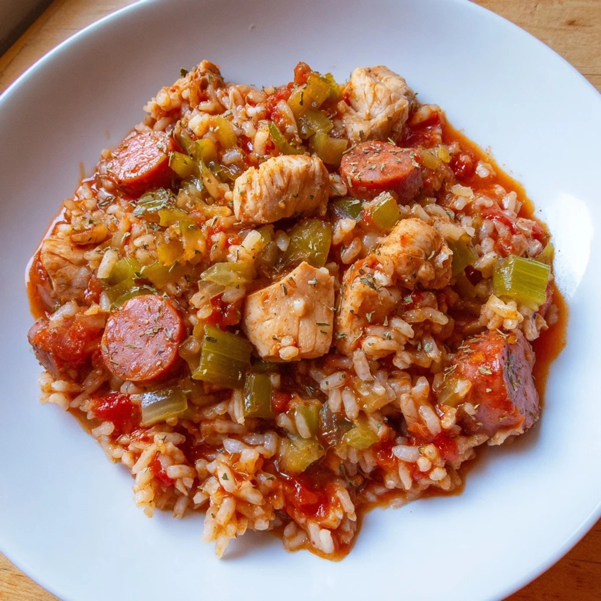 Creole-style Crock Pot Jambalaya plated with succulent shrimp, sliced sausage, and diced vegetables in a steamy flavorful broth