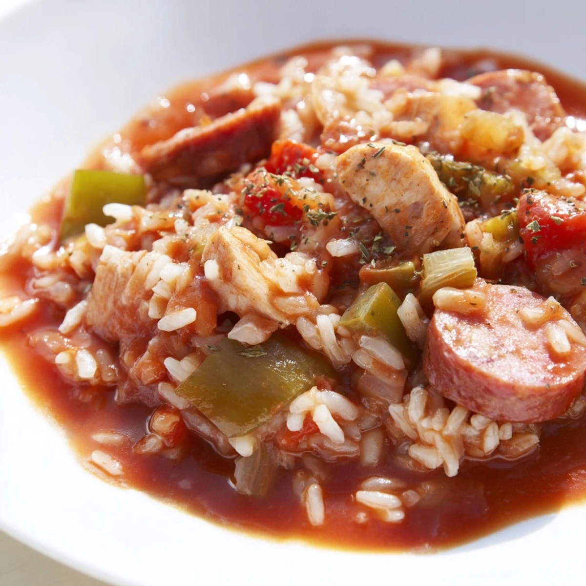 Hearty bowl of Crock Pot Jambalaya featuring fluffy rice, savory meats, and colorful vegetables garnished with fresh green onions