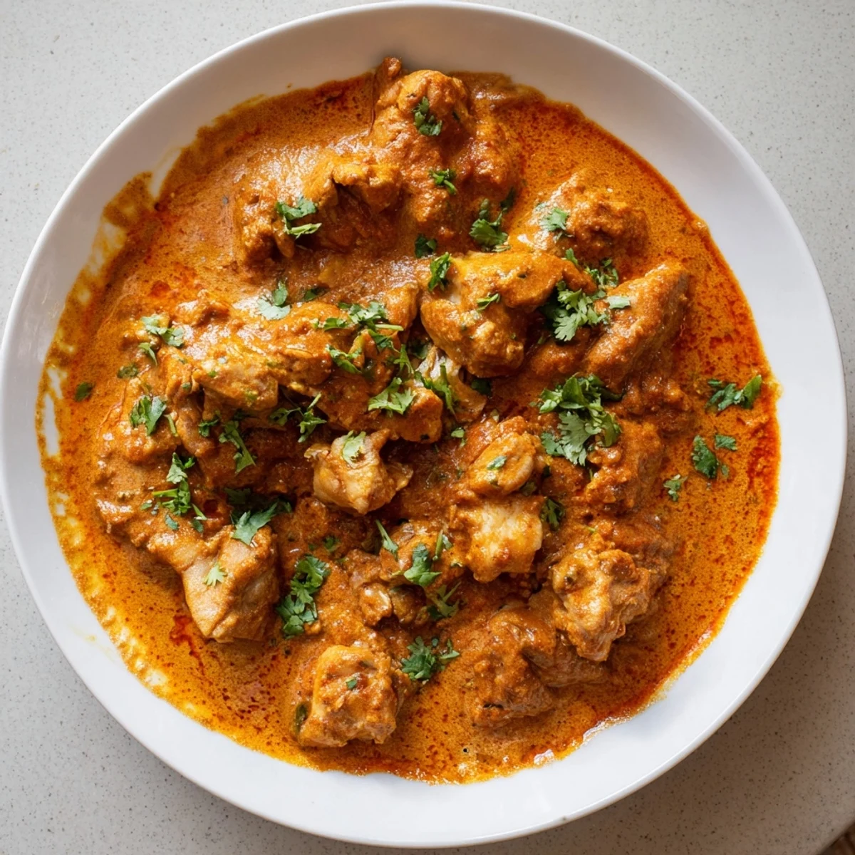 Golden Instant Pot Butter Chicken served over fluffy white rice with velvety orange curry sauce and chopped herbs