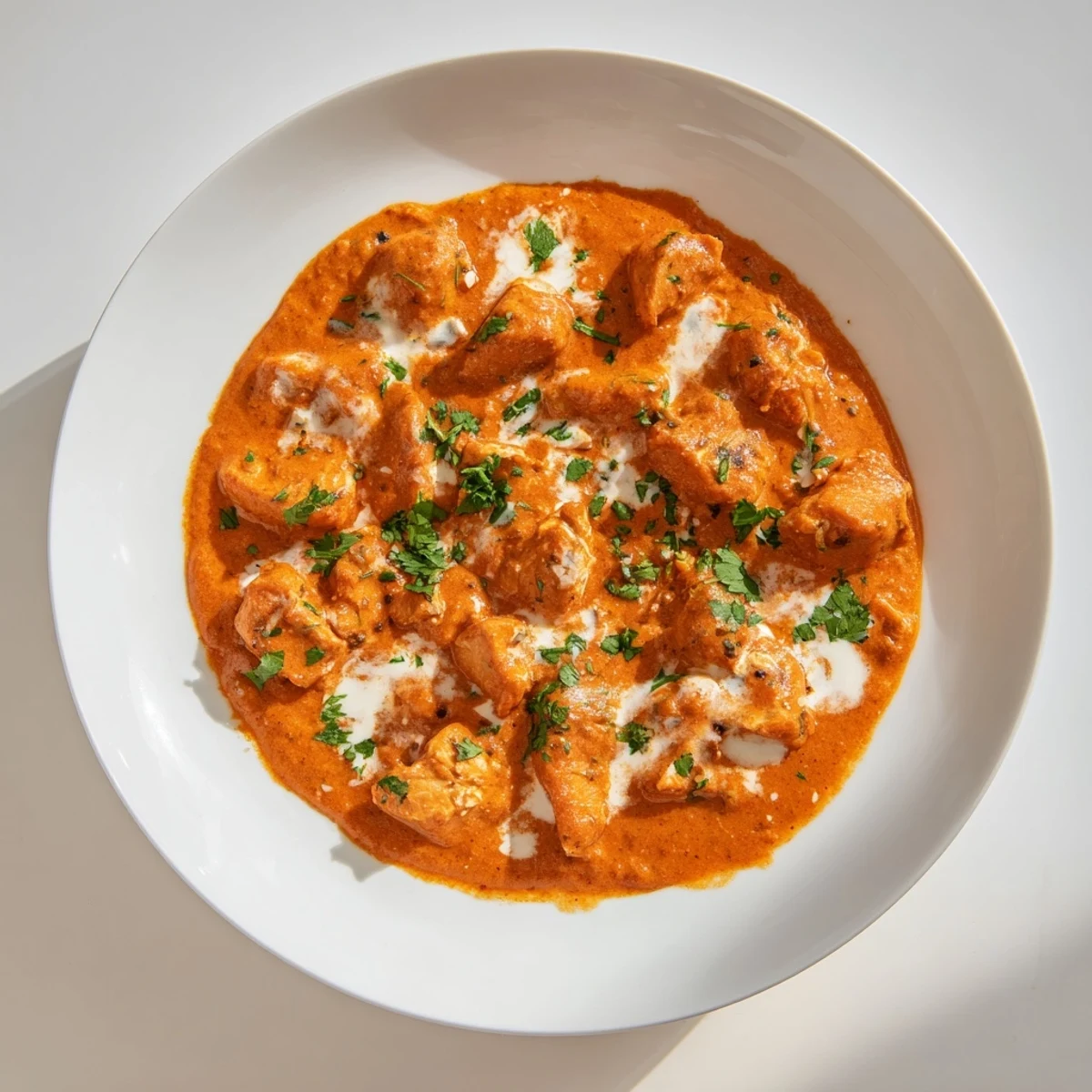 Savory Instant Pot Butter Chicken bowl showing succulent meat swimming in buttery tomato cream sauce alongside naan bread