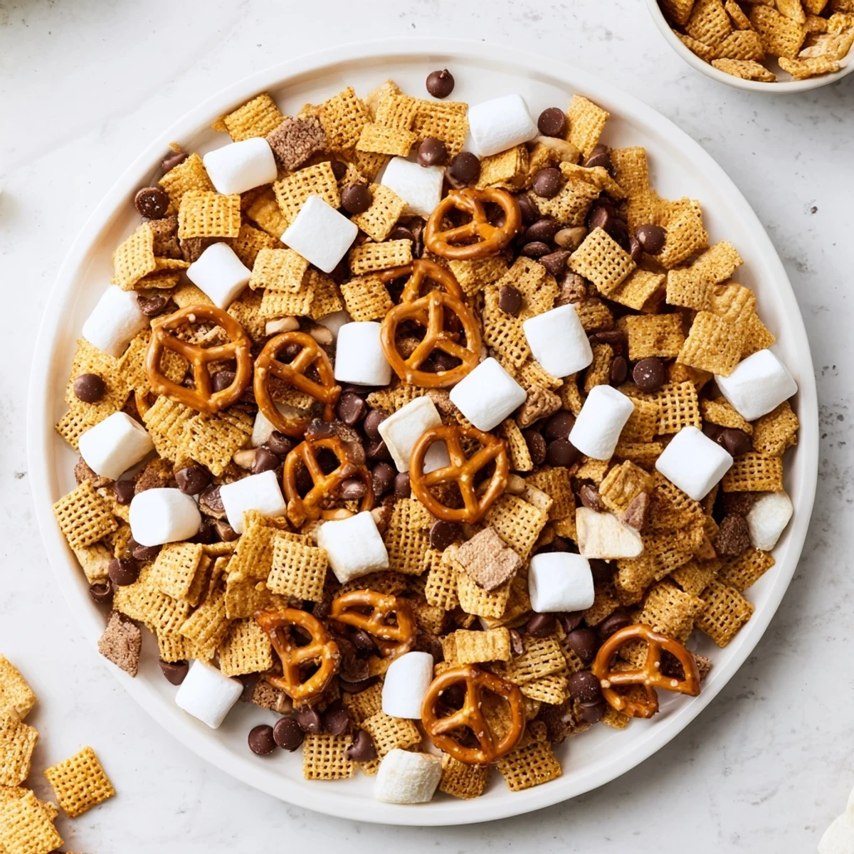 Golden brown s'mores snack mix piled in a glass bowl with chocolate chips and mini marshmallows