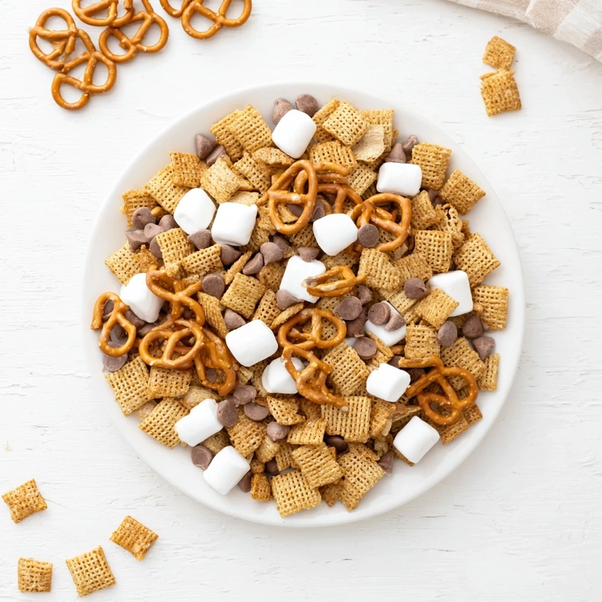 Sweet s'mores snack mix recipe featuring graham cereal, salty pretzels, and melted milk chocolate chunks