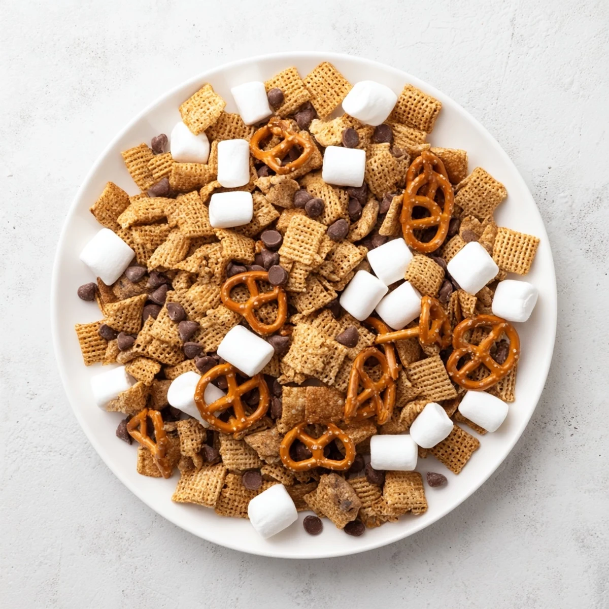 Party ready s'mores snack mix in a serving bowl with fluffy marshmallows and chocolate scattered throughout