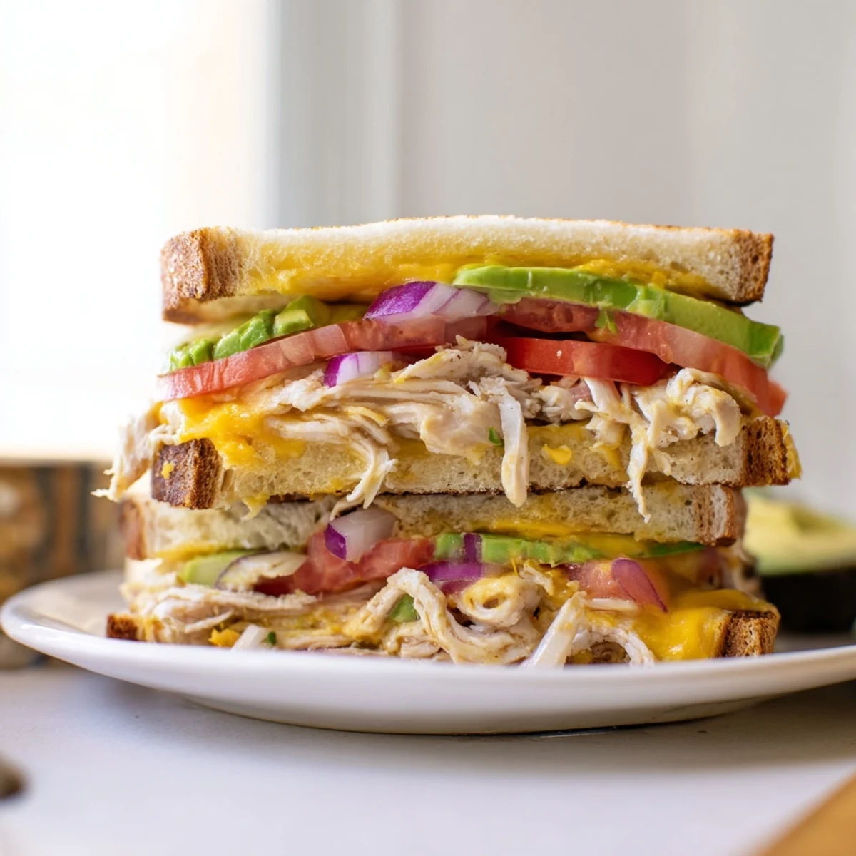 Sliced Chicken Avocado Melt Sandwich showing layers of tender chicken, ripe avocado, and melted cheddar cheese between crispy bread
