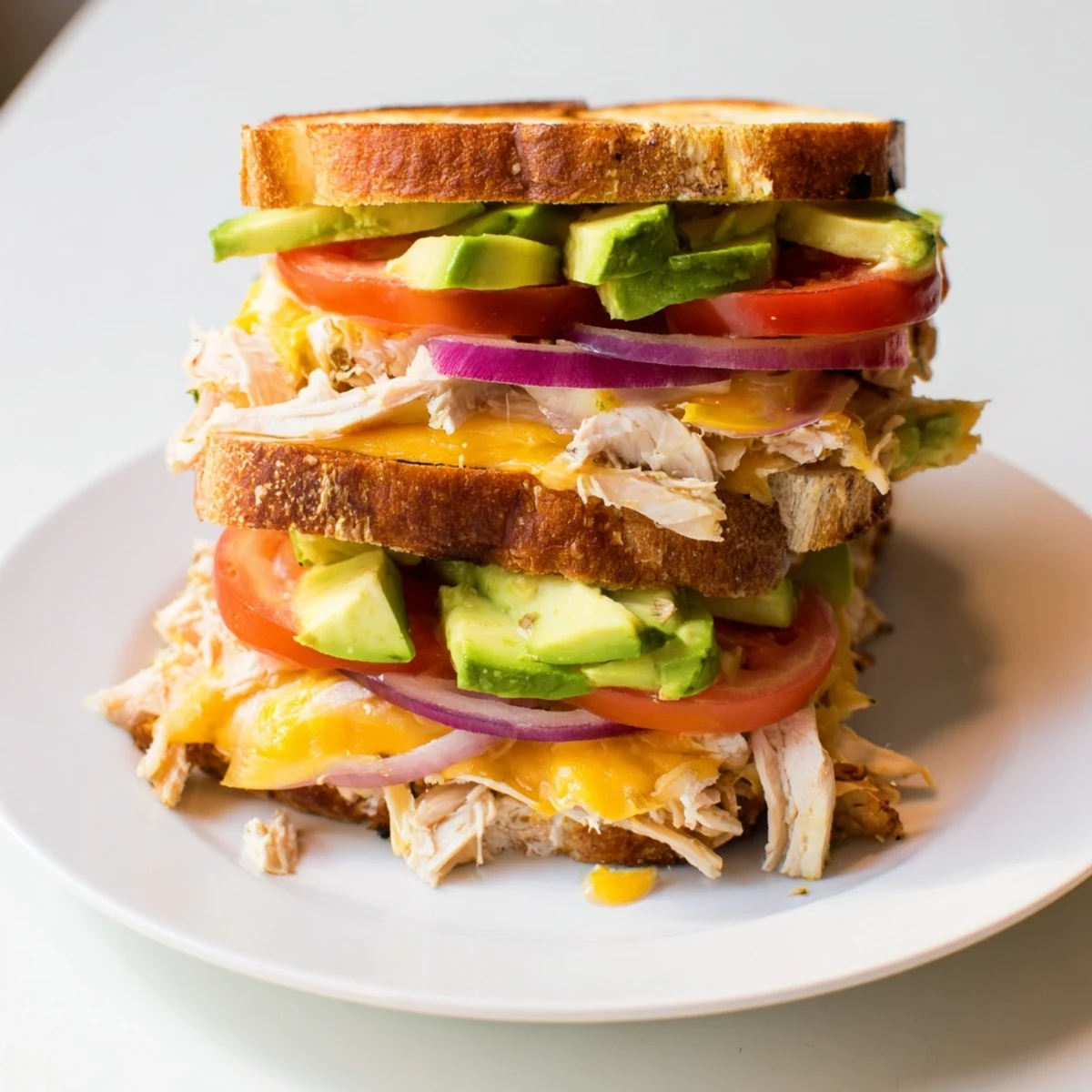 Warm Chicken Avocado Melt Sandwich cut diagonally displaying gooey melted cheese with fresh avocado and tomato on golden toasted sourdough