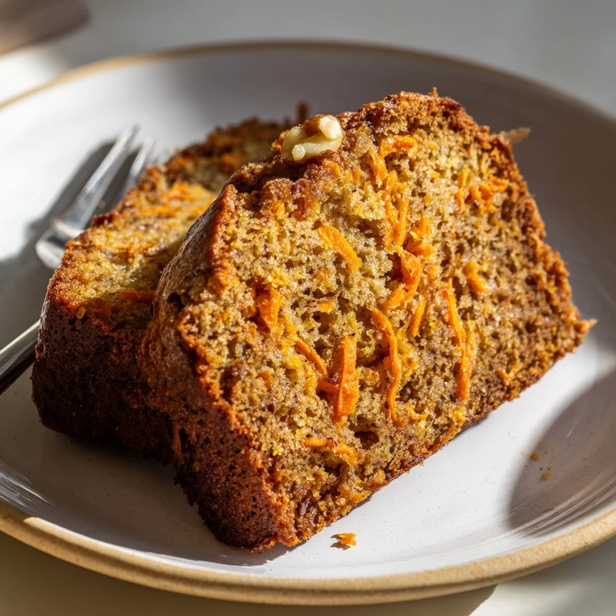 Golden brown spiced carrot cake banana bread topped with cream cheese frosting and chopped walnuts