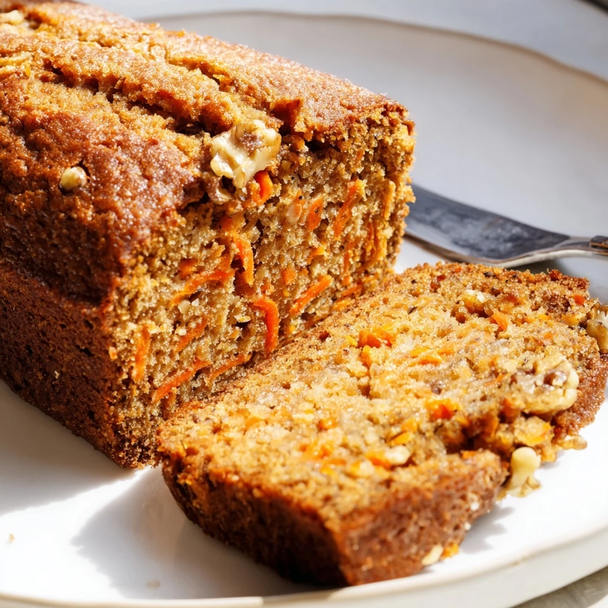 Moist carrot cake banana bread loaf sliced on a wooden cutting board with visible grated carrot flecks