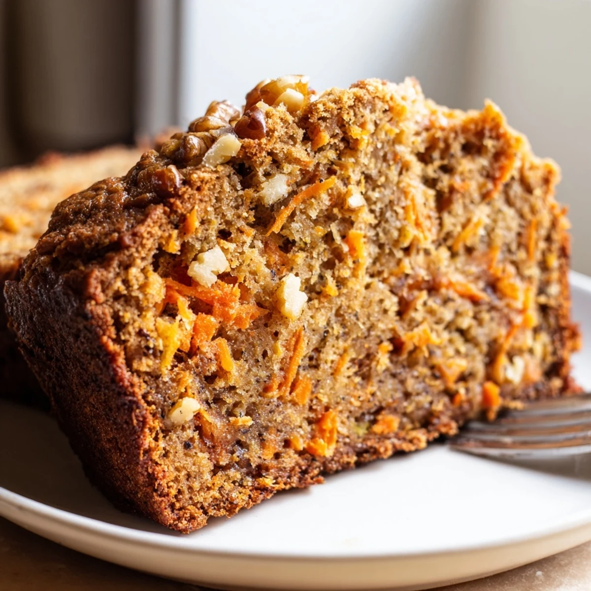 Freshly baked carrot cake banana bread cooling on a wire rack with sliced pieces showing tender crumb