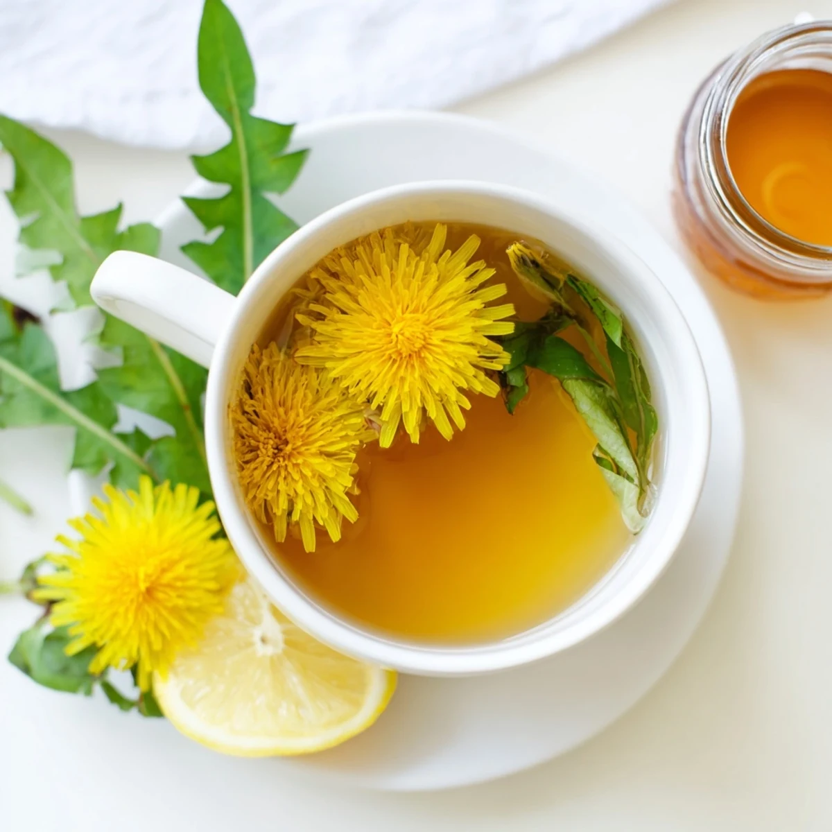 Golden amber dandelion tea steaming in a white ceramic mug garnished with fresh lemon slice