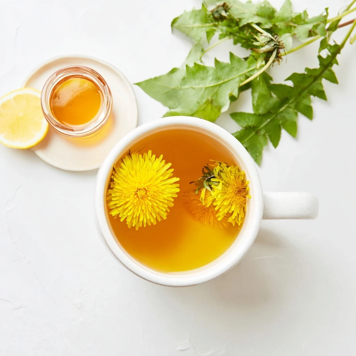 Warm cup of earthy dandelion tea with honey drizzle on rustic wooden table surface