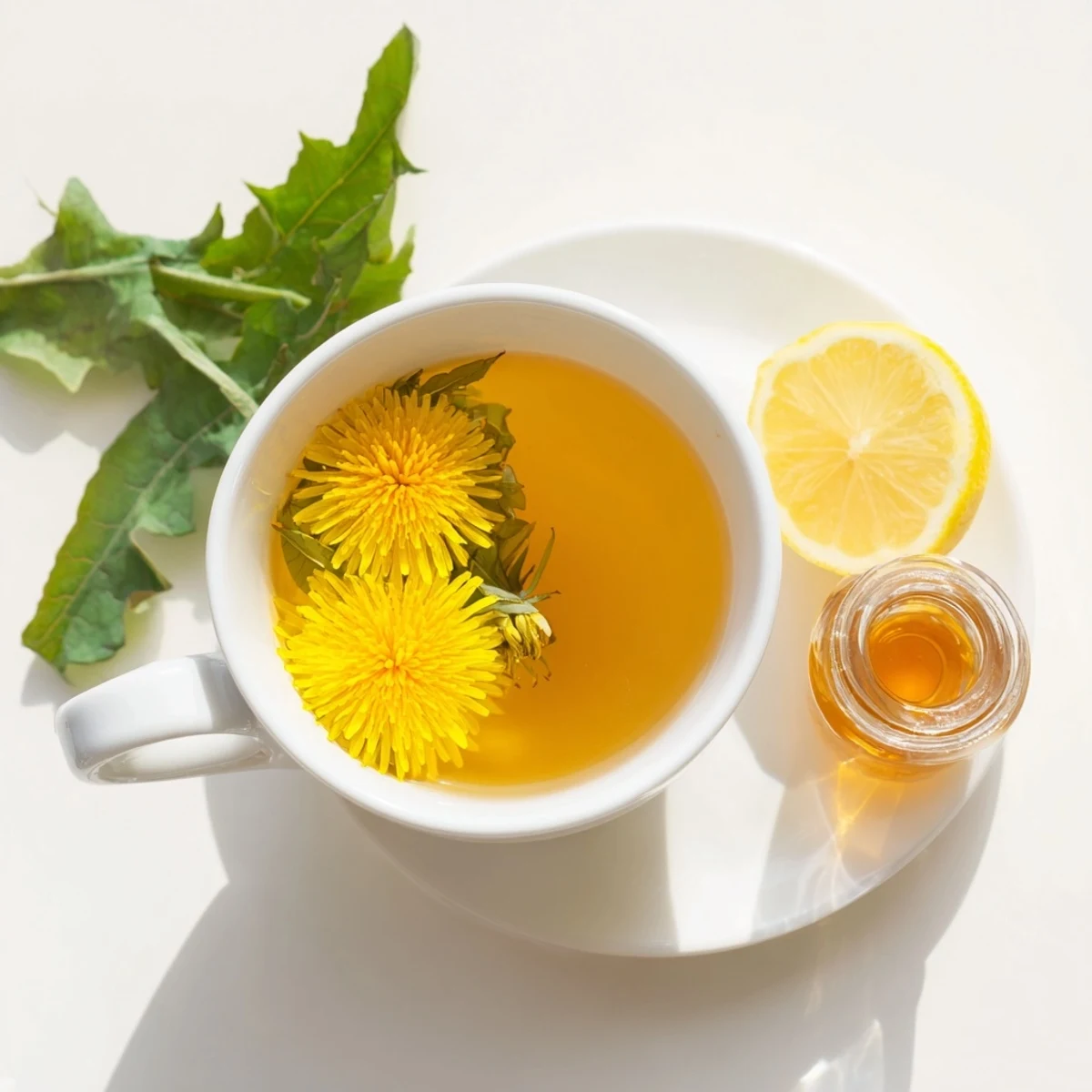 Hand pouring freshly steeped dandelion tea from glass teapot showing vibrant yellow-green herbal infusion