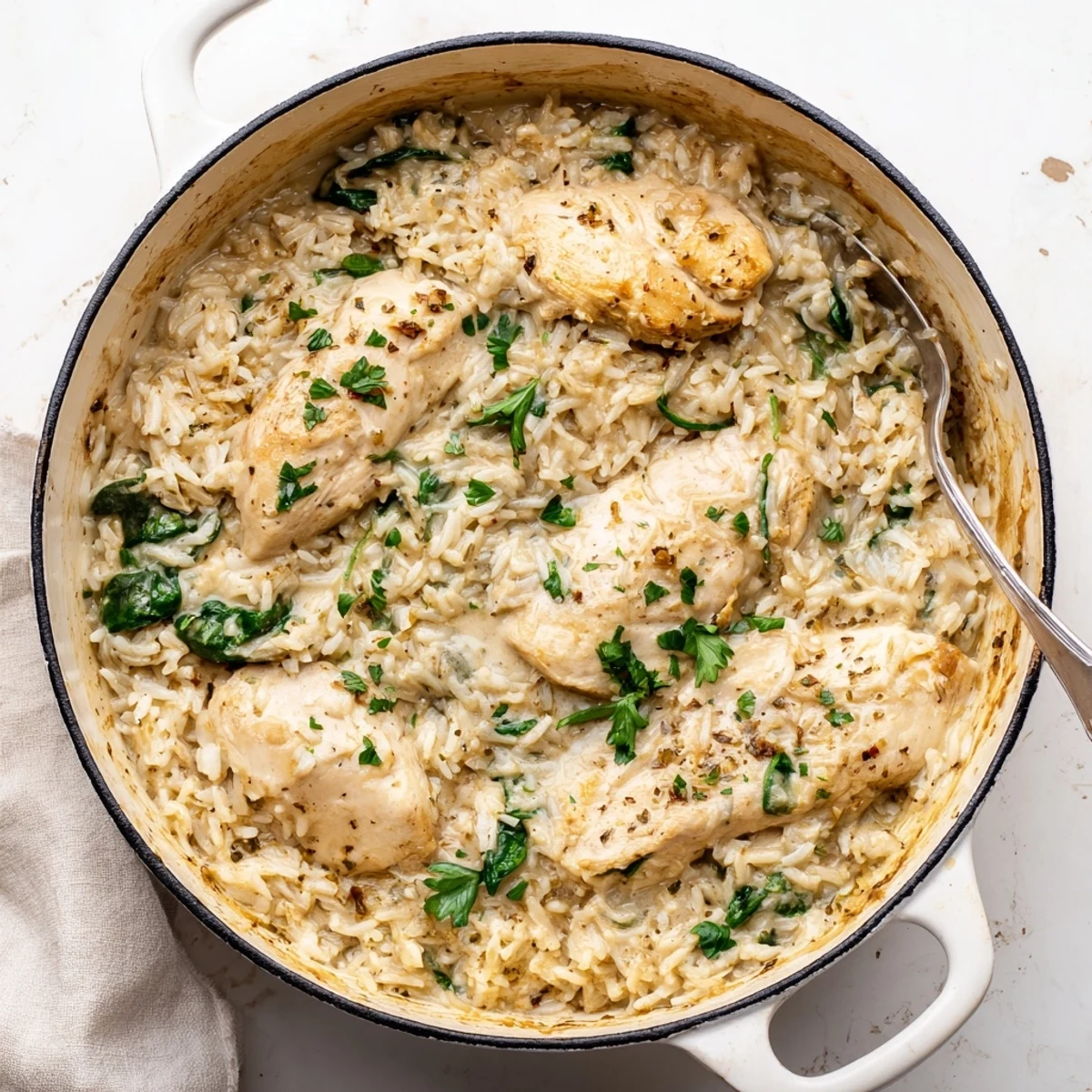 Golden baked one pot angel chicken rice dinner with creamy parmesan sauce and tender juicy chicken breasts