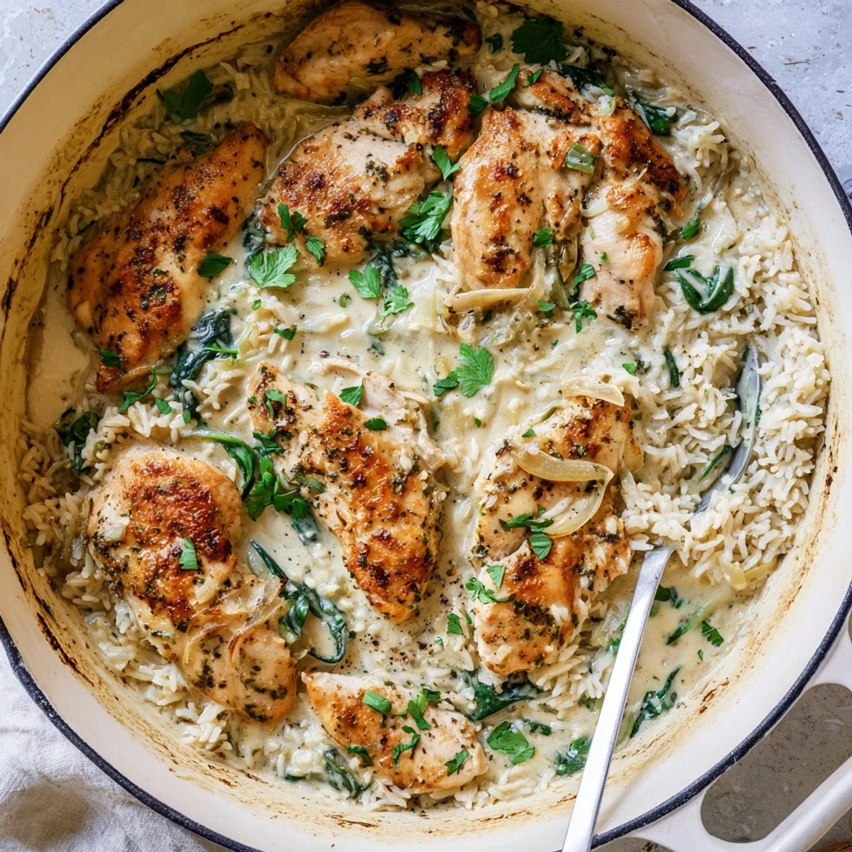 Creamy chicken and rice casserole bubbling in a dutch oven with melted cheese sauce and fresh parsley garnish